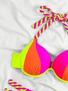 Swim Vcay Conjunto de bikini sexy para mujeres con correa halter para playa de verano, con bloque de color y estampado aleatorio - Multicolor - Ver 6