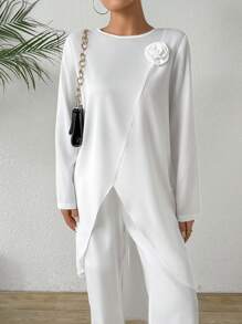 Chiquease Handmade Flower Round Neck Long Sleeve Asymmetrical Hem Blouse & Pants Set - White - View 5