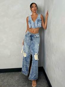 SHEIN BAE 口袋拉鍊短版背心牛仔上衣 - 藍色 - 查看 1