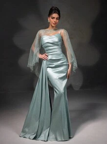 全新不对称蕾丝披肩优雅无袖连衣裙套装礼服套装