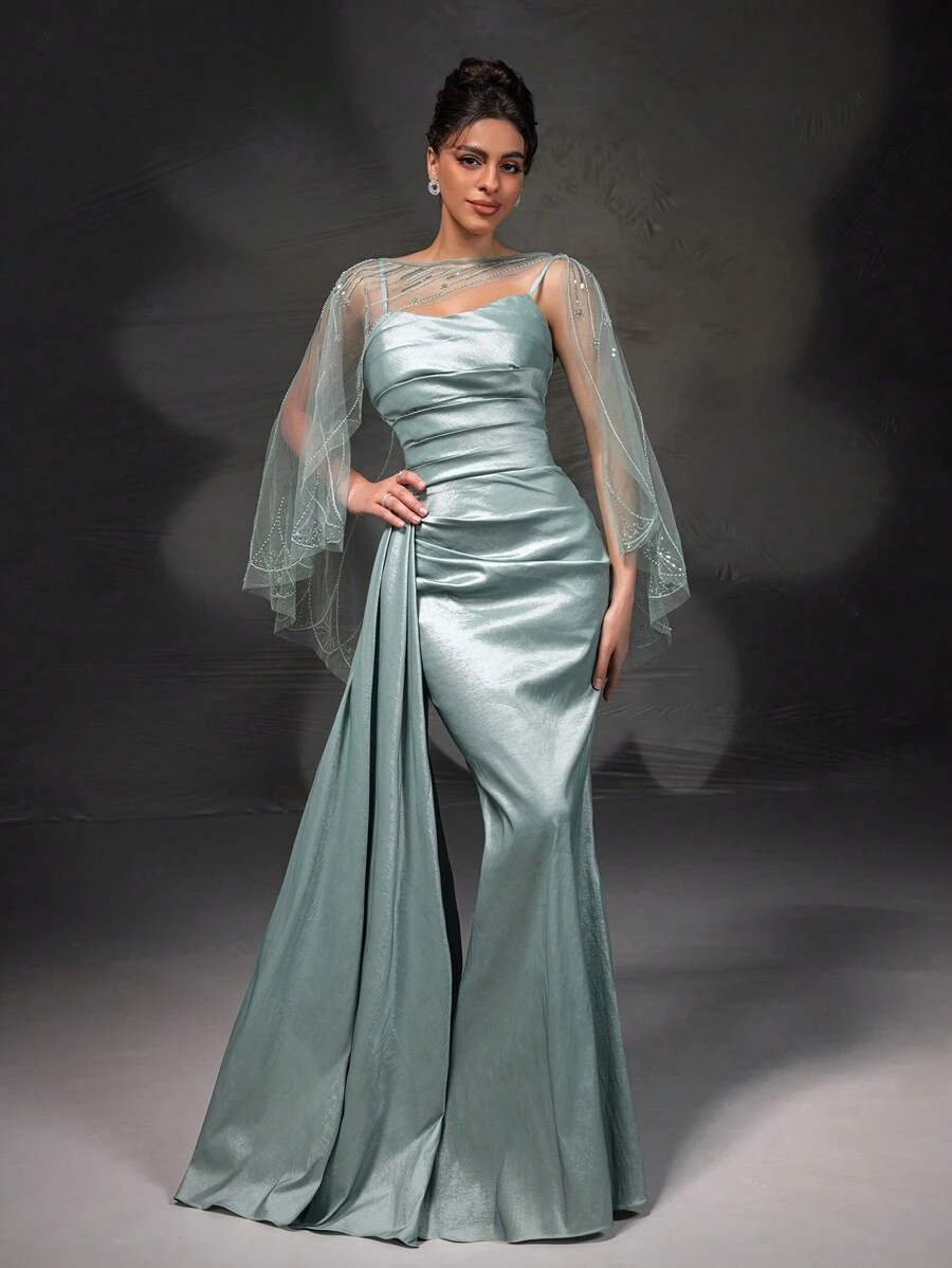 全新不对称蕾丝披肩优雅无袖连衣裙套装礼服套装