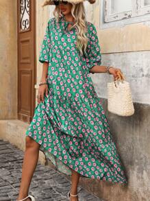 SHEIN LUNE Women Summer Long Bubble Sleeve Dress With Rose Print - Green - View 5