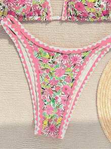 Swim Mod Set Bikini Wanita Musim Panas Motif Bunga dengan Tali untuk Liburan di Pantai - MultiWarna - View 3