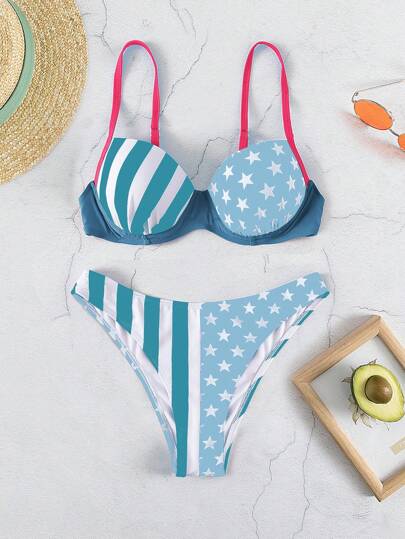 SHEIN Swim Women's Bikini Set With Spaghetti Strap Backless Top And Striped Star Printed Bottom, Suitable For Vacation Summer Beach