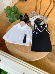 2pcs/Set Baby Girls' Spring/Autumn Outfits - White Minimalist Long Sleeve Shirt For Layering And Knitted Tank Dress To Show Your Figure, College-Style, British Fashion, Korean-Style