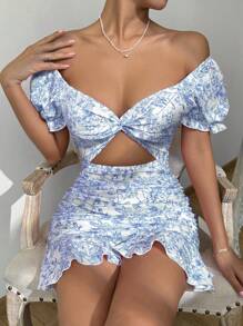 Breezaya 女士心形领全印花前结荷叶边下摆泡泡袖连衣裙 - 藍色 - 查看 5