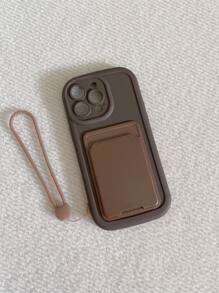 1pc TPU Frosted Full-Body Mobile Phone Case With Built-In Card Holder And Silicone Rope, Phone Protective Cover - Brown - View 4