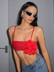 SHEIN Unity Stereo Flower Crop Cami Top - Red - View 3