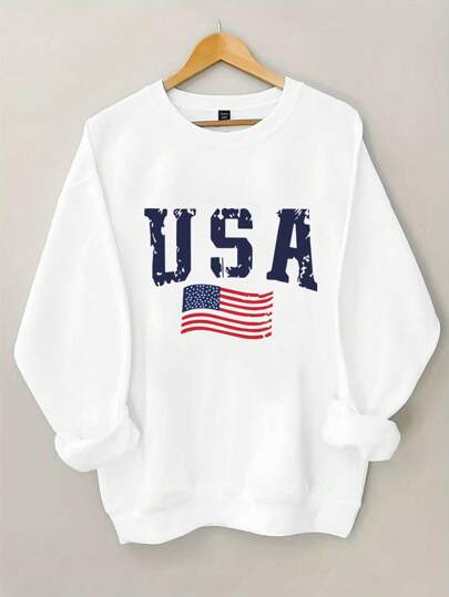 EMERY ROSE Plus Size American Flag And Lettering Graphic Thermal Lined Sweatshirt Crew Neck Long Sleeve Sweatshirt, For Winter Graduation,Back To School Outfits,Graduation,Teacher Outfits For Women,Back To School Pullover Fall Outfit Autumn