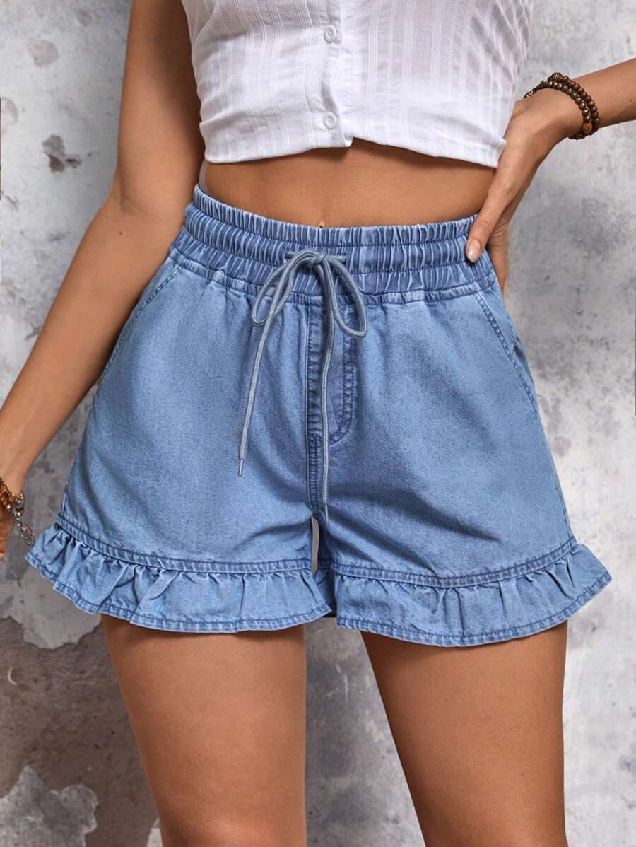 SHEIN LUNE Drawstring Waist Ruffle Hem Denim Shorts