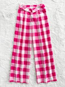 Soleia Women's Casual Color Block Plaid Fold-Over Waist Wide Leg Pants - Multicolor - View 4