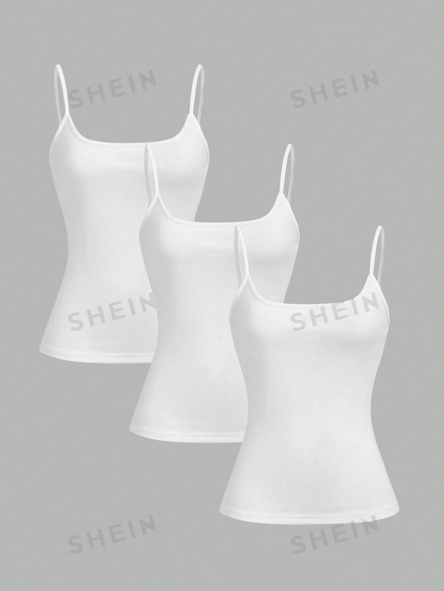 SHEIN Essnce Top de mujer de verano de ajuste delgado con unicolor, Tops de verano, ropa de mujer, camisetas sin mangas para mujeres, 3 paquetes, ajuste delgado, casual, 3 piezas, chalecos de unicolor de verano