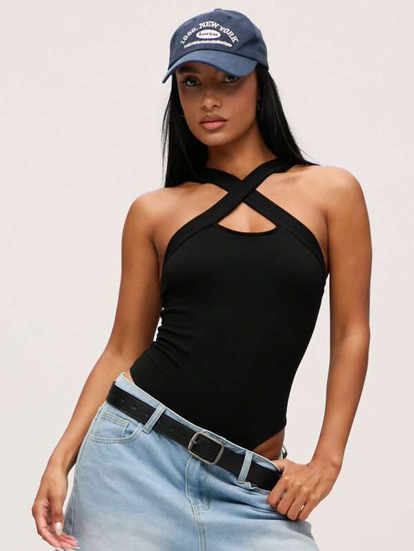 SHEIN BASICS 十字交叉前夾克型連體背心