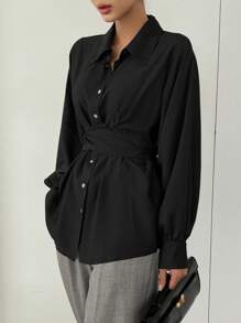 DAZY Áo sơ mi nữ tay dài màu trơn, thắt eo, cài nút đơn giản, trang phục công sở cho mùa thu, quần áo nữ mùa thu - màu đen - Xem 1