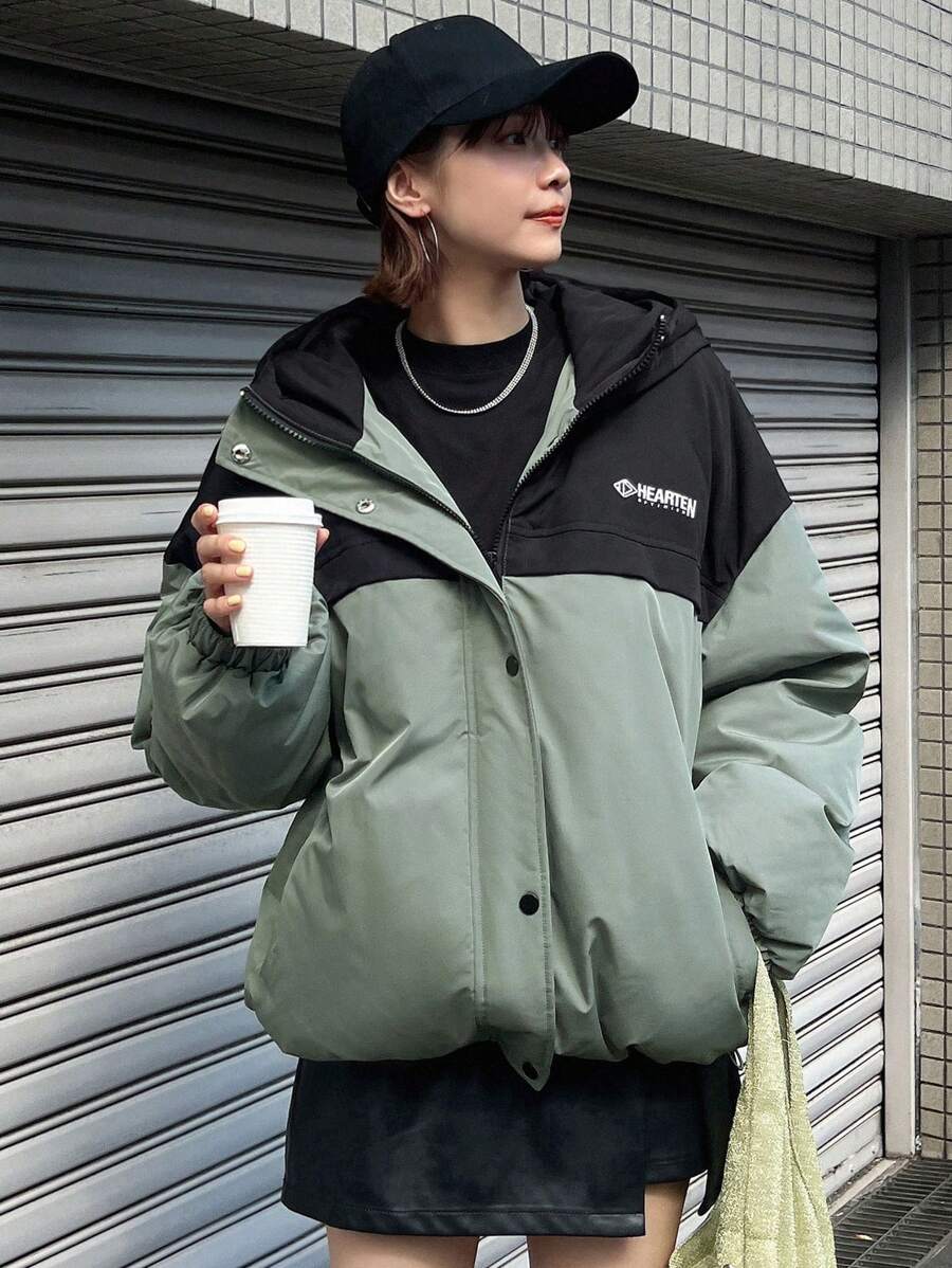 FRIFUL Áo khoác trùm đầu in chữ màu khối rộng rãi ấm áp thường ngày cho nữ mùa đông - màu xanh lá - Xem 1