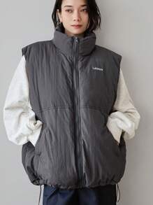 FRIFUL Giacca smanicata imbottita da donna con colletto alto, ricamo a lettera, vestibilità ampia e casual, con cordoncino in vita e orlo con coulisse