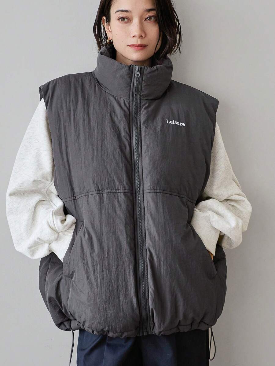 FRIFUL Giacca smanicata imbottita da donna con colletto alto, ricamo a lettera, vestibilità ampia e casual, con cordoncino in vita e orlo con coulisse