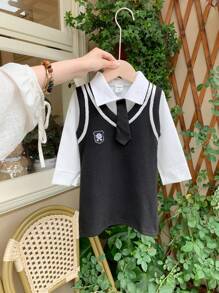 2pcs/Set Baby Girls' Spring/Autumn Outfits - White Minimalist Long Sleeve Shirt For Layering And Knitted Tank Dress To Show Your Figure, College-Style, British Fashion, Korean-Style