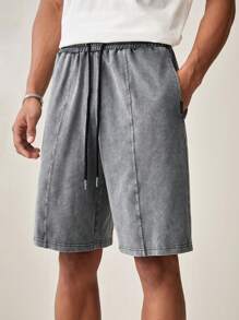 Manfinity RebelGame Men's Fashionable Loose-Fit Elastic Waist Snow Washed Shorts For Daily Casual Wear