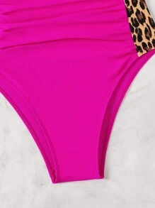 SHEIN Swim 豹紋褶皺設計的夏季海灘單件泳衣 - 玫紅色 - 查看 8