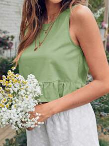 Breezaya Solid Casual Ruffle Hem Top For Summer - Green - View 5