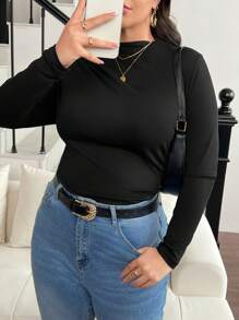 SHEIN Frenchy Plus Size Mock Neck Ruched Slim Fit Tee Fall - Black - View 4
