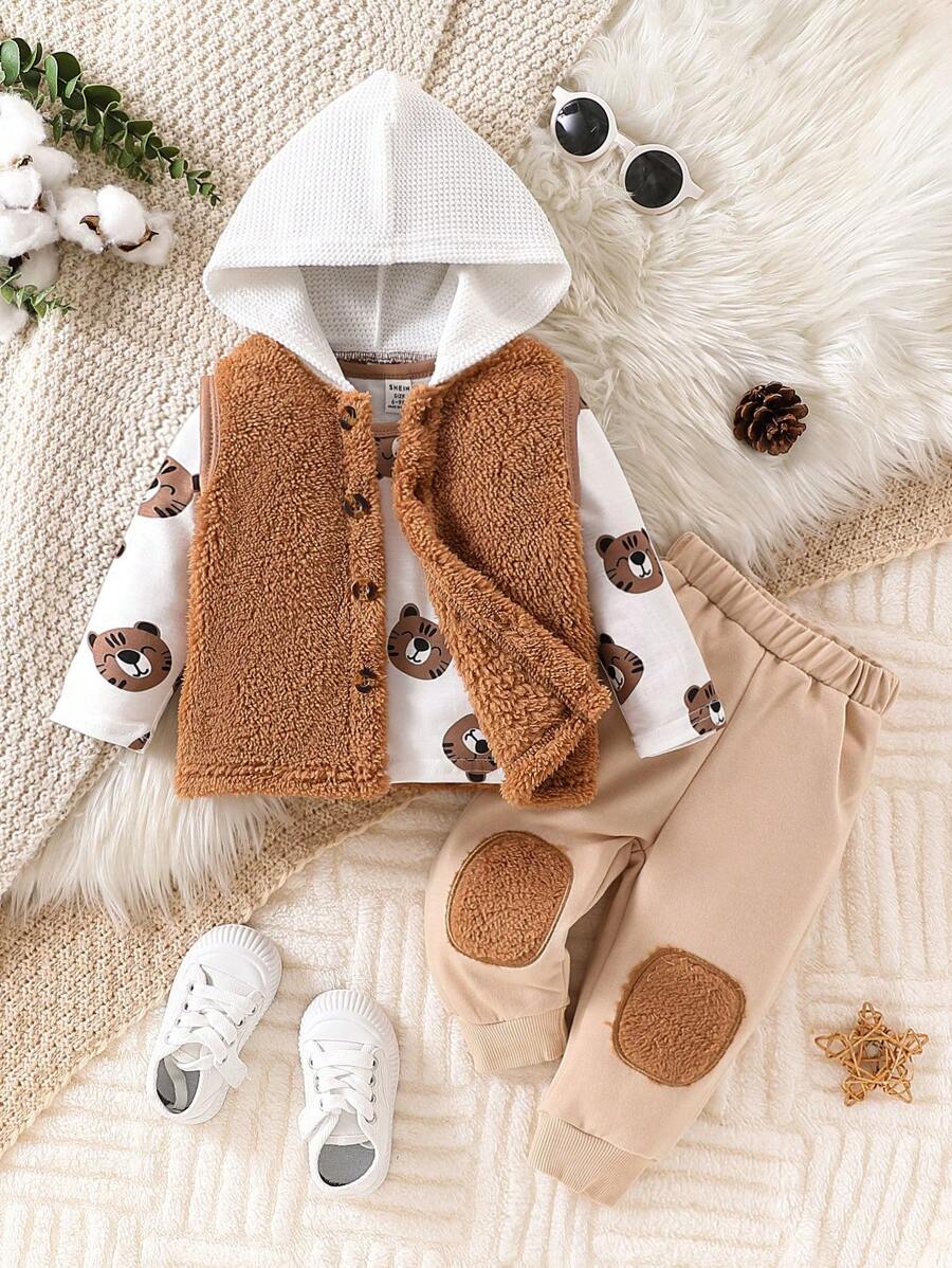 3 piezas/Conjunto Conjunto informal para vacaciones/invierno para niños pequeños con parte superior de manga larga con estampado de osos lindos, chaleco con capucha de color bloque esponjoso y pantalón de chándal