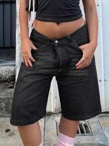 Y2K 复古水洗斜插口袋猫须喇叭百慕大牛仔裤，及膝牛仔短裤，休闲七分裤 黑色夏季 - 黑色 - 查看 5