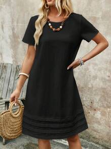 EMERY ROSE Women's Solid Color Round Neck Short Sleeve Simple Casual Dress, For Daily Wear - Black - View 4