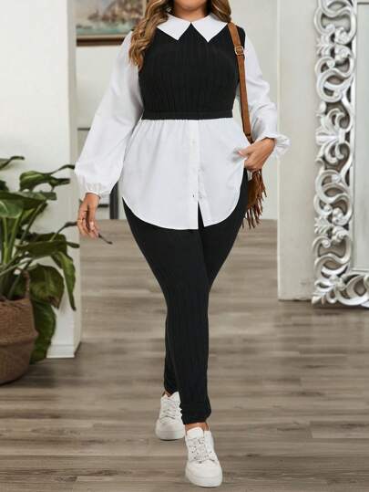 SHEIN VCAY Plus Size Collar Patchwork Ribbed Front Buttoned Long Sleeve Top And Pants Two Pieces Set,Holiday Outfits