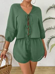 Breezaya 燈籠袖蕾絲拼接領帶前衬衫和短褲2件套裝 - 綠色 - 查看 3