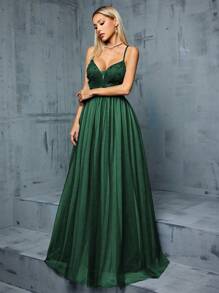 V-Neck Sexy Back-Tied 3D Floral Embroidery Mesh Patchwork Contrast Color Dress - Dark Green - View 1