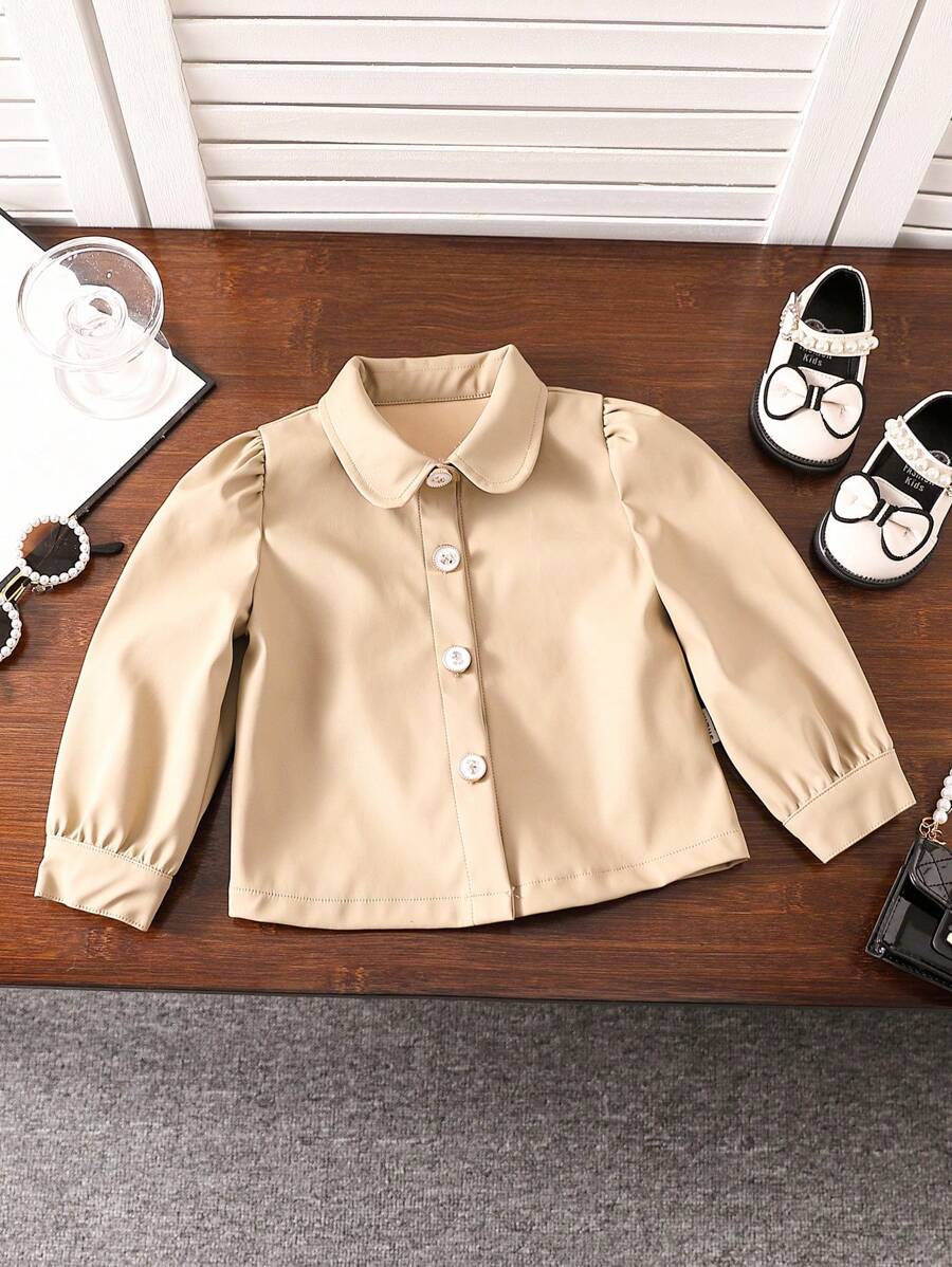 Fashionable And Elegant Leather Khaki Shirt Top For Toddler Girls, Fall/Winter