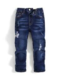 SHEIN Young Boy Blue Comfortable And Refreshing Dark Wash Cut Out Ripped Frayed Design Elasticity Denim Stretch Skinny Jeans For Dailywear