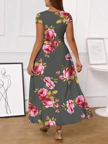 SHEIN Clasi Vestido de mujer de talla grande, largo, ajustado, con cintura fruncida y estampado de flores