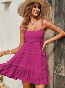 Breezaya Women's Solid Color Multi-Layer Frill Trimmed Spaghetti Strap Short Dress For Vacation - Hot Pink - View 6