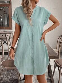 EMERY ROSE 實心缺口紐扣前蝙蝠袖襯衫裙 - 綠色 - 查看 6