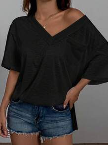 SHEIN EZwear Camiseta casual de verano holgada con cuello en V y mangas cortas, unicolor - Negro - Ver 4