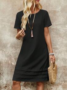 EMERY ROSE Women's Solid Color Round Neck Short Sleeve Simple Casual Dress, For Daily Wear - Black - View 3