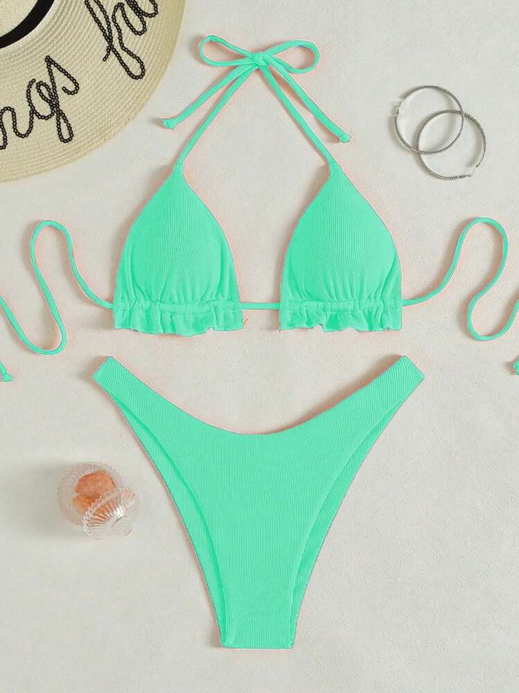 Bikini Triangle Femme Taille S - Motif Rayures Vert Et Blanc, Marque Shein, Rembourrage Amovible - Neuf Avec étiquettes