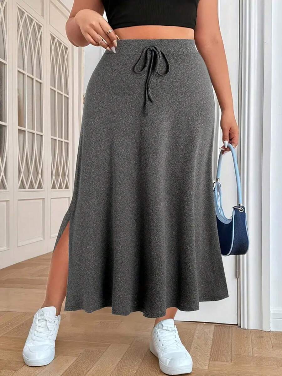 INAWLY Plus Solid Drawstring Waist Split Thigh Grey Skirt Fall Cloth For Women - Dark Grey - View 1