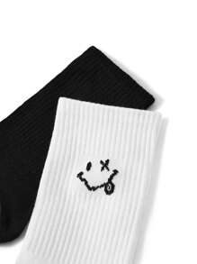 XYZ Studio Artist 2 Đôi Tất Thể Thao Nam Đến Giữa Bắp Chân Họa Tiết Mặt Cười Cá Tính - Đen và trắng - Xem 4