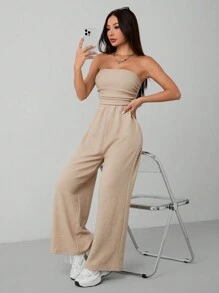 SHEIN PETITE Women's Apricot Solid Color Knitted Ribbed Fabric Strapless Jumpsuit - Khaki - View 3