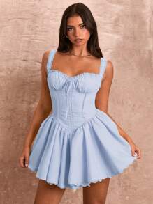 SHEIN BAE 女式褶饰细肩带背心式蕾丝拼接喇叭迷你连衣裙 - 淺藍色 - 查看 3