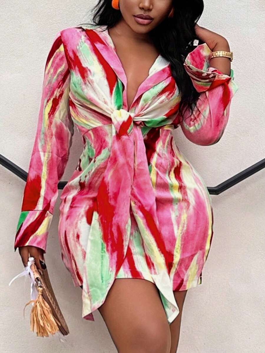 SHEIN SXY 深V領吊帶貼身連身裙，休閒度假風格 - 彩色 - 查看 1