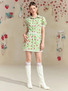 Strawberry Shortcake X SHEIN Women's Fashionable Plaid And Strawberry Printed Country Vintage Puff Sleeve Top ,Puff Sleeves Wet Shirt