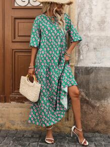 SHEIN LUNE Women Summer Long Bubble Sleeve Dress With Rose Print - Green - View 6