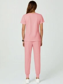 TaskEZ Bộ áo và quần ngắn tay cổ chữ V màu trơn có hai túi - Hồng - Xem 2