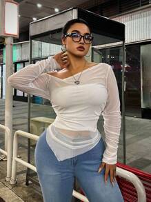 POPSWAY Plus Size Solid Color Asymmetric Collar Pleated Sheer Long Sleeve Top
