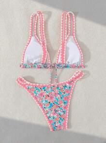 Swim Mod Set Bikini Pantai Musim Panas Wanita Motif Bunga dengan Hiasan Bunga dan Cetakan Seksi, Motif Acak - MultiWarna - View 2